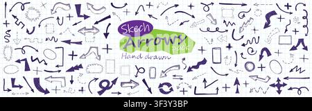 Big pack of blue ink grunge doodle hand drawn arrows, plus signs and border frames isolated on school blue notebook retro realistic seamless texture. Stock Vector