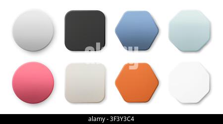 Soft colors 3d buttons pack isolated on white background with shadows. Round, square, octagon, hexagon gradient shapes. Matte glass effect objects. Ve Stock Vector