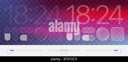 Realistic glassmorphism style basic IU mockup elements isolated on transparent bakground. Blur grass style template design. On and off toggle switch g Stock Vector