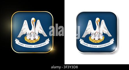 Louisiana state flag shiny golden and silver icons isolated on black and white. USA states all flags. Vector 3D square rounded illuminated buttons wit Stock Vector