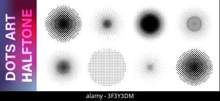 Abstract dotted round patterns pack. Round and square dots halftones retro style gradients.  Spray gradation circular effects set. Vector illustration Stock Vector
