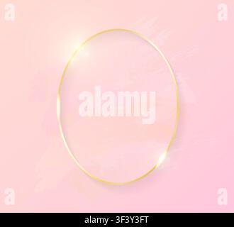 Gold shiny glowing oval frame with rose pastel brush strokes isolated on pink background. Golden luxury line border for invitation, card, sale, fashio Stock Vector