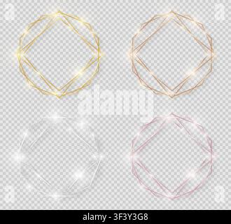 Yellow and pink gold, silver and bronze shiny glowing vintage frames with shadows pack isolated on transparent background. Golden luxury realistic cir Stock Vector