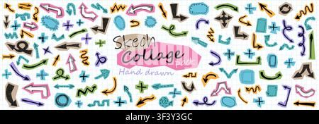Big set of grunge, doodle, graffiti, hand drawn paper cutted arrows, plus signs and border frames isolated on  school blue notebook retro realistic se Stock Vector