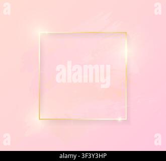 Gold shiny glowing square frame with rose pastel brush strokes isolated on pink background. Golden luxury line border for invitation, card, sale, fash Stock Vector