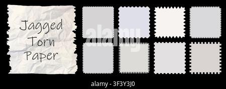 Zig zag style edge square frames set. White jagged rectangular elements graphic design elements pack isolated on black background. Vector illustration Stock Vector