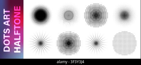Abstract dotted round patterns pack. Round and square dots halftones retro style gradients.  Spray gradation circular effects set. Vector illustration Stock Vector