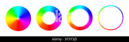 Rainbow circle radial gradient frames pack isolated on white background. Vibrant spectrum color ring wheel with full hues range. Round RGB palette. Ve Stock Vector