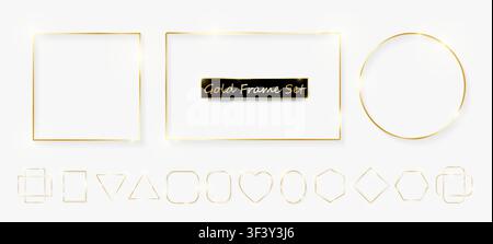 Pack of gold shiny glowing frames isolated on white background. Pack of luxury realistic square, rectangle, round, oval, triangle borders. Decorative Stock Vector
