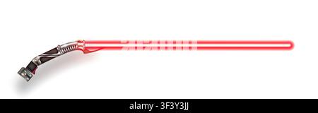 New realistic design flame red neon sword isolated on white background. Close combat energy weapon. Vector illustration Stock Vector