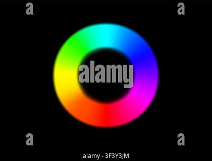 Rainbow circle radial gradient frame isolated on black background. Vibrant spectrum color ring wheel with full hues range. Round RGB palette. Vector i Stock Vector