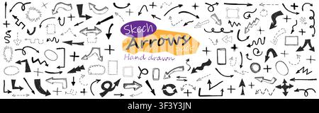 Big pack of black grunge doodle hand drawn arrows, plus signs and border frames isolated on white background. Sketch style ink symbols collection. Vec Stock Vector