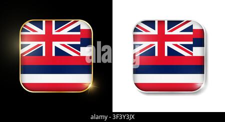 Hawaii state flag shiny golden and silver icons isolated on black and white. USA states all flags. Vector 3D square rounded illuminated buttons with s Stock Vector