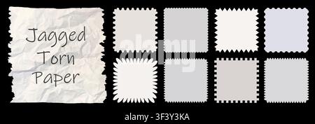 Zig zag style edge square frames set. White jagged rectangular elements graphic design elements pack isolated on black background. Vector illustration Stock Vector