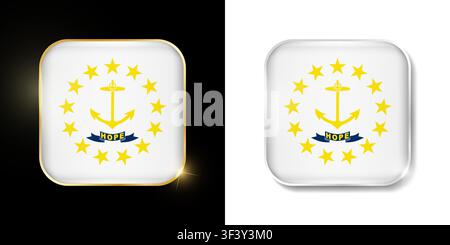 Rhode Island state flag shiny golden and silver icons isolated on black and white. USA states all flags. Vector 3D square rounded illuminated buttons Stock Vector