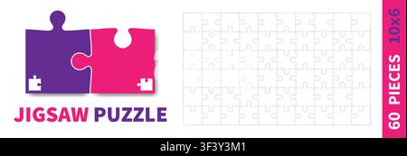 Detailed various shapes puzzle grid. Jigsaw puzzle blank template. 10x6 shapes, 60 pieces. Separate matching puzzle elements. Vector illustration Stock Vector
