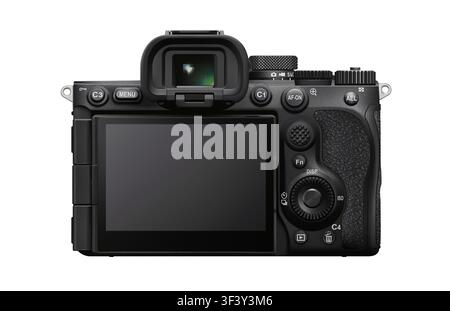 Photorealistic detailed black modern digital mirrorless camera mockup isolated on white background. Back view. Vector illustration Stock Vector
