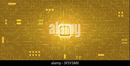 Golden style semiconductor chip with circuit lines microchip network abstract. Digital gold semiconductor AI processor concept bg. IT bronze motherboa Stock Vector