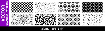 Pack of 8 wide black and white vector seamless detailed patterns: abstract, vintage, retro, animals, cloth, technology and geometric. Vector illustrat Stock Vector