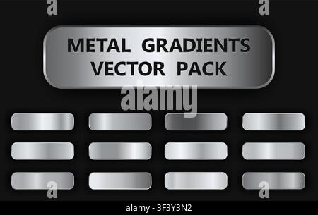 Realistic metal gradient texture pack 12 in 1. Fill and stroke effects. Shiny metal foil gradient set - silver, aluminium, steel, platinum. Silver but Stock Vector