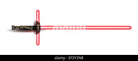 New realistic design red two handed neon sword isolated on white background. Close combat energy weapon. Vector illustration Stock Vector