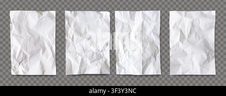 Pack of realistic white crumpled papers with shadow isolated on a transparent background. Empty notebook sheets Notebook template set. Vector illustra Stock Vector