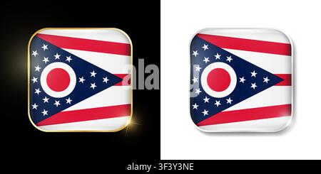 Ohio state flag shiny golden and silver icons isolated on black and white. USA states all flags. Vector 3D square rounded illuminated buttons with sha Stock Vector