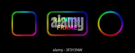 Raibbow minimal glowing radial gradient frame pack. Blurry RGB spectrum buttons. Soft gradient color 3D wheel isolated on black background. Square, re Stock Vector