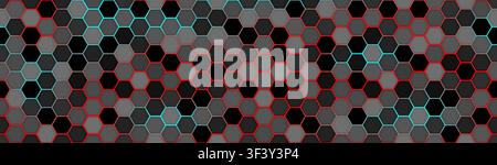 Hexagonal wide cyberpunk red and cyan technology background. Bright geometric science pattern with glowing hexagons cells. Abstract grid science patte Stock Vector