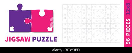 Detailed various shapes puzzle grid. Jigsaw puzzle blank template. 12x8 shapes, 96 pieces. Separate matching puzzle elements. Vector illustration Stock Vector