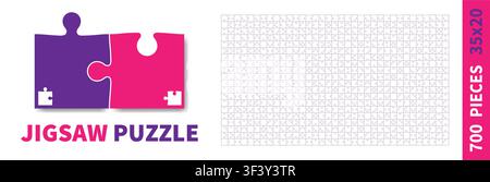 Detailed various shapes puzzle grid. Jigsaw puzzle blank template. 35x20 shapes, 700 pieces. Separate matching puzzle elements. Vector illustration Stock Vector