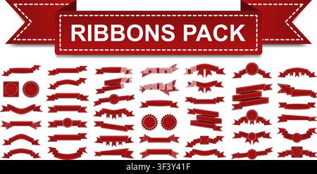 Red ribbons banner big pack banners. Set of flat style ribbon isolated on transparent background. Festive or sale collection. Christmas elements. Vect Stock Vector