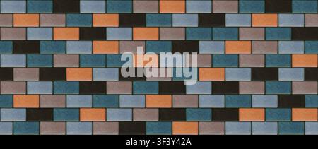 Realistic tiles cobblestone pavement wide seamless texture. Colored geometric mosaic street tiles pattern. Paver block of paving slab. Vector Illustra Stock Vector