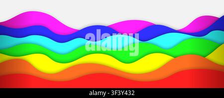 Rainbow waves layered art paper wide background. 3D origami design isolated on white background. Vector illustration Stock Vector