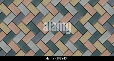 Realistic tiles cobblestone pavement wide seamless texture. Colored diagonal geometric mosaic street tiles pattern. Paver block of paving slab. Vector Stock Vector