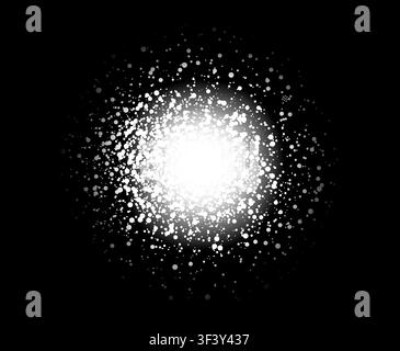 Light explosion noise spray round gradient. Dotted white grain stipple texture on black background. Vector illustration Stock Vector
