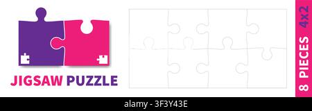 Detailed various shapes puzzle grid. Jigsaw puzzle blank template. 4x2 shapes, 8 pieces. Separate matching puzzle elements. Vector illustration Stock Vector