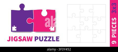 Detailed various shapes puzzle grid. Jigsaw puzzle blank template. 3x3 shapes, 9 pieces. Separate matching puzzle elements. Vector illustration Stock Vector