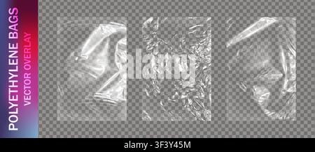 Realistic set of transparent plastic polyethylene bags overlay. Wrapping packaging vinyl texture. Vector illustration Stock Vector