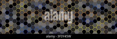 Hexagonal wide cyberpunk yellow and blue technology background. Bright geometric science pattern with glowing hexagons cells. Abstract grid science pa Stock Vector