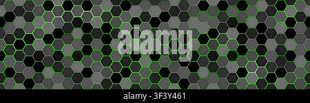 Hexagonal wide cyberpunk green technology background. Bright geometric science pattern with glowing hexagons cells. Abstract grid science pattern. Vec Stock Vector