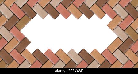 Realistic hole in tiles cobblestone pavement wide texture. Colored diagonal geometric mosaic street tiles pattern frame. Broken paver block of paving Stock Vector