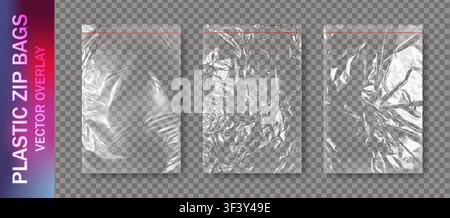 Realistic set of transparent plastic polyethylene zip bags overlay with shadows. Wrapping packaging vinyl texture. Vector illustration Stock Vector