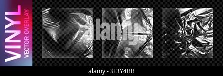 Realistic square plastic wrap overlay pack isolated on dark transparent background. Wrapping polyethylene texture. Vector illustration Stock Vector