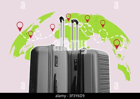 Travel bags stand in front of a world map showing various travel routes and destinations Stock Photo
