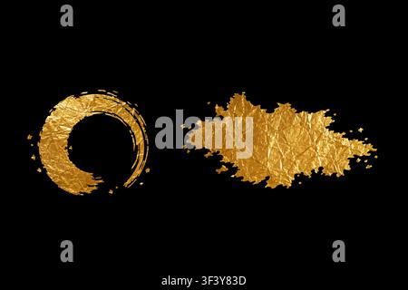 Foil gold circle and brush stroke texture accompany a metallic patch isolated on a black background Stock Vector
