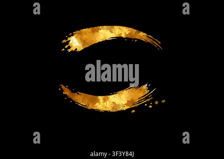Golden brush stroke foil curve with metallic paint texture on black background Stock Vector