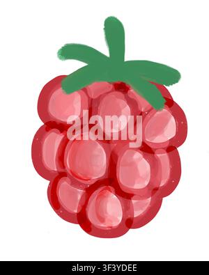 A hand-illustrated single ripe raspberry with a green leaf accent on a white background. Versatile digital illustration for food packaging, etc. Stock Photo