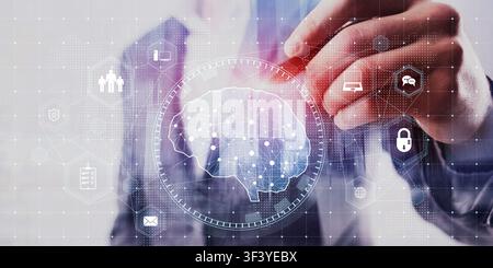 Artificial Intelligence Brain Visualization with Business Data Security Concept. Stock Photo