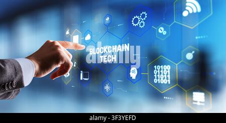 Advanced blockchain technology with decentralized network and secure digital transaction system. Stock Photo